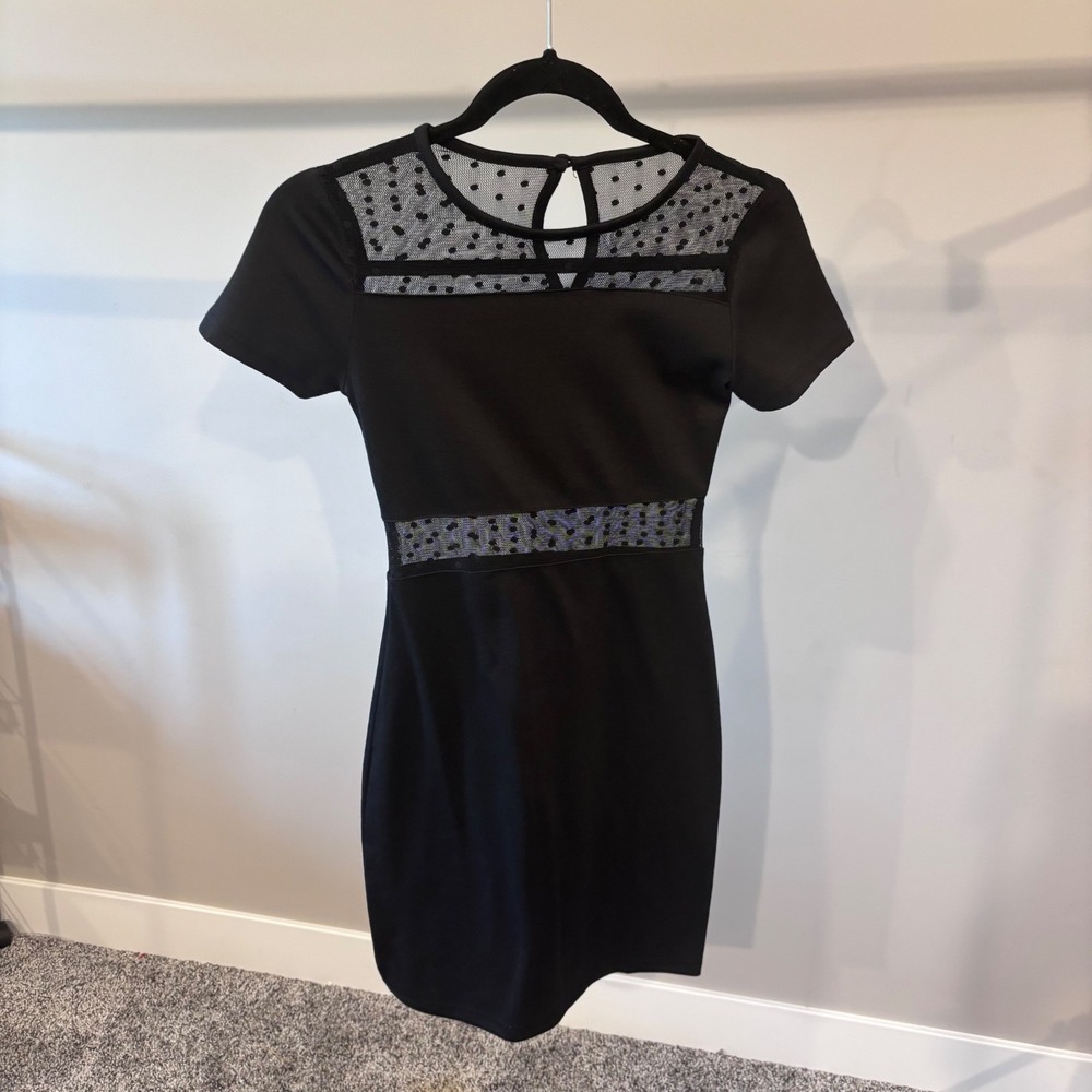 Derek heart Black Polka Dot Mesh Cutout Mini Dress Short Sleeve Party Cocktail